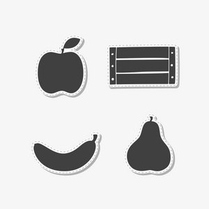 手绘贴贴纸和苹果 香蕉 木箱和梨套。模板设计或品牌标识