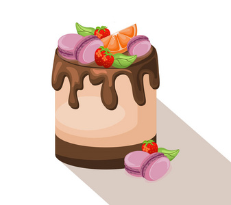 美味的蛋糕甜品巧克力 草莓 蛋白杏仁饼干。夏季糖果糕点对待矢量图