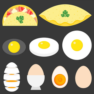 炒的蛋 煎蛋 煮的鸡蛋，鸡蛋，平面设计切片的集合