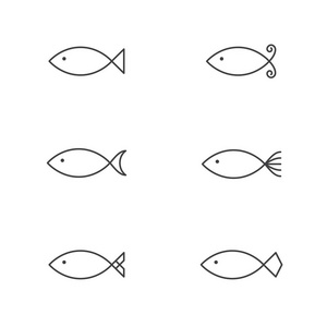 鱼图标轮廓描边集的设计插图黑色和白色颜色