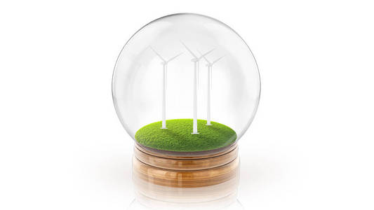 与生态友好型风车里面的透明球体球。3d 渲染