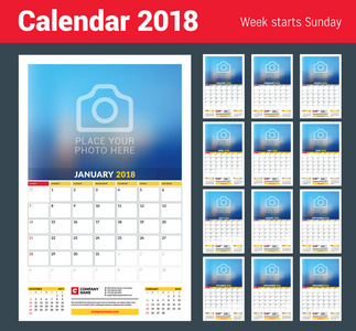 2018 年的矢量日历计划模板。矢量设计打印模板与照片的地方。周从星期日开始。在页上的 3 个月。文具设计