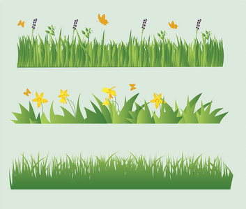 绿草边框与孤立的绿草和洋甘菊花白色背景上的矢量图。现实的绿草与阴影，生态自然绿草框架设计。绿草概念。长满绿草的矢量风景