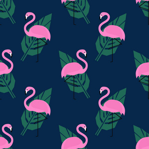热带时尚无缝模式与粉红色的火烈鸟和绿色的棕榈叶上的深蓝色背景