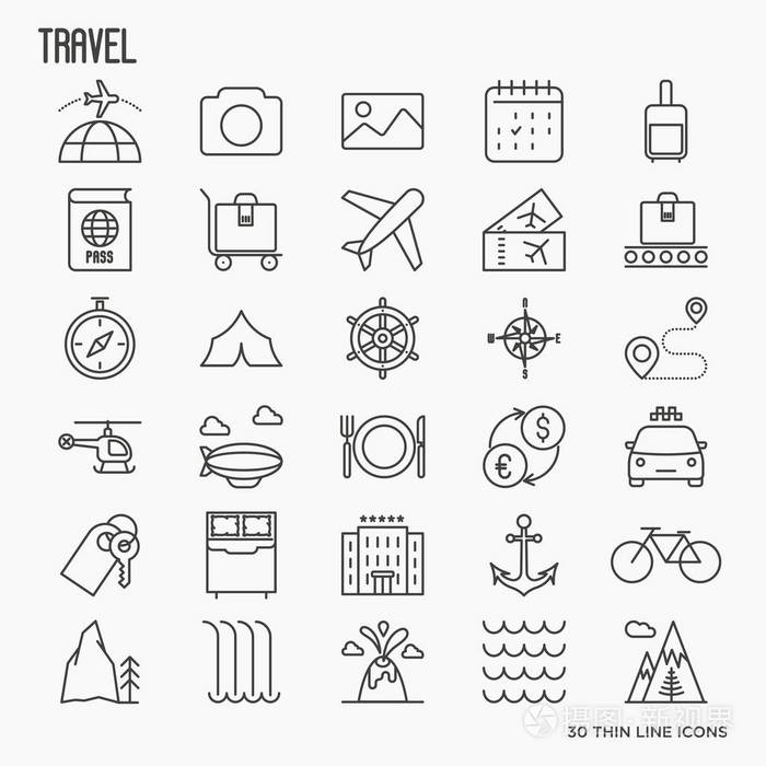 旅游和度假相关细线图标: 飞机,机票, 酒店, 景点.矢量图