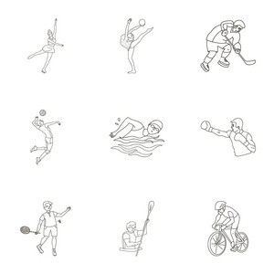 奥林匹克运动。冬季和夏季运动。关于运动员的照片集。奥运体育图标中对大纲样式矢量符号股票插画集集合