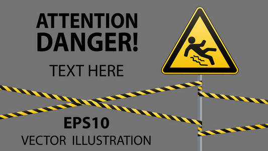 小心危险小心滑.安全标志.金属杆上带有警戒线的三角形标志.灰色背景.