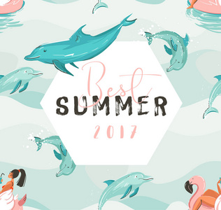 海豚在蓝色的海洋波浪纹理和最好的夏天版式上粉红色的火烈鸟浮圈游泳的海滩女孩手绘制的矢量抽象可爱的夏天时间卡