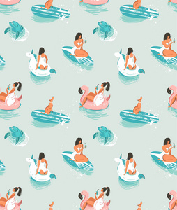 手绘制的矢量卡通夏季时间无缝模式与女孩，池浮在水面上，狗 海豚冲浪板上的蓝色波浪背景孤立
