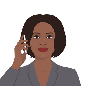 美丽的非裔美国妇女在手机上交谈的肖像。 矢量图。 技术和通信。 平面设计。