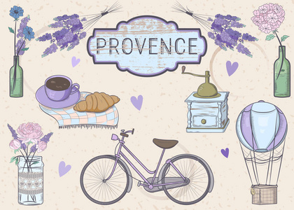 向量组的普罗旺斯。矢量图的熏衣草，一辆自行车，咖啡研磨机 一个气球，在花瓶中的鲜花和羊角面包一杯
