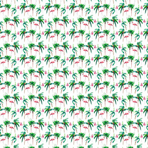 美丽明亮绿色可爱奇妙夏威夷花夏天的图案热带绿色的棕榈树和嫩粉红色火烈鸟水彩手绘。完美的问候卡，纺织，壁纸，包装纸