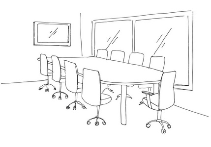 在素描风格的会议室.手画的办公桌,办公椅.矢量图照片