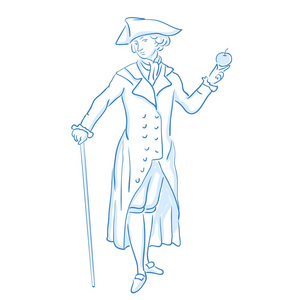 科学家牛顿.在中世纪的欧洲社会的中产阶级.草绘线.股票的矢量图照片