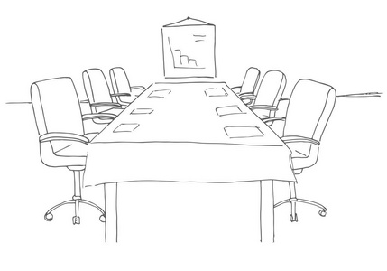 办公室办公桌矢量图在素描风格的会议室.手画的办公桌,办公椅.