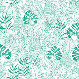 矢量绿色热带夏季夏威夷无缝模式与绿色的热带植物叶及在深蓝色的背景上。伟大的度假主题织物，壁纸，包装