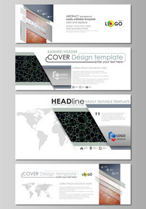 社会媒体和电子邮件标头集，现代的横幅。业务模板。矢量布局中常用的尺寸。化学模式，分子的纹理，多边形的分子结构，单元格。微生物学概