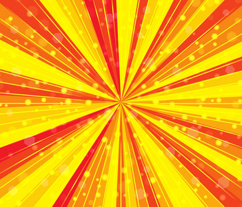 径向速度线在中心具有焦点。带有亮红色黄色抽象背景颜色条纹的光线。缩放效果。与许多落小碎纸屑，散景的背景。矢量