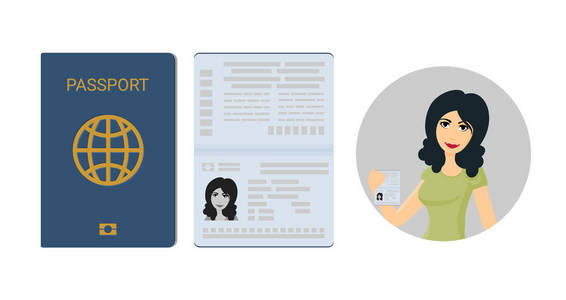 在打开和关闭视图中的黑发女人形象的护照。孤立在白色背景上的矢量图