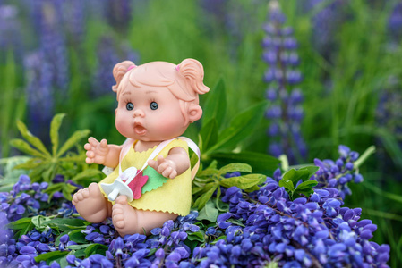 娃娃带着花园里的花照片