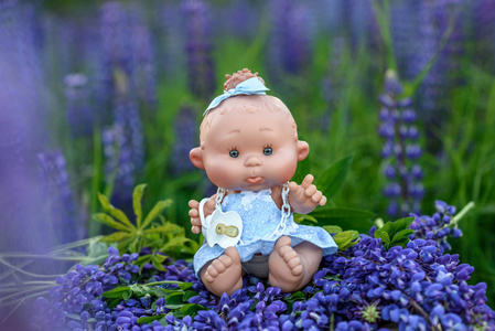 娃娃带着花园里的花照片