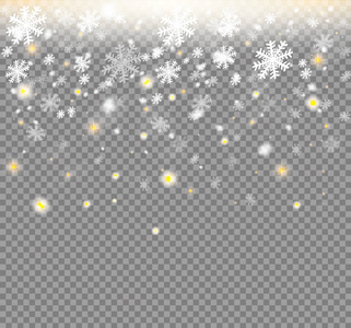 圣诞闪亮透明美丽雪花透明背景上孤立。雪花，降雪。雪花矢量
