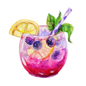 鸡尾酒杯图可爱水彩热带鸡尾酒加柠檬,薄荷和蓝莓图图标孤立在白色