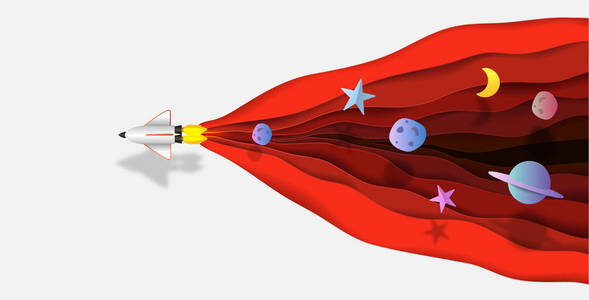 太空火箭飞行在空间可爱纸切矢量图