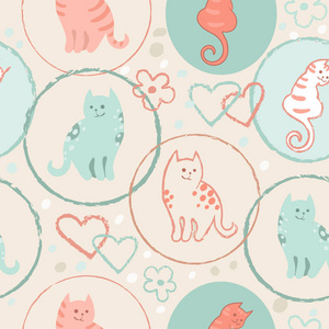 无缝模式与可爱的卡通涂鸦米色背景上的猫。多彩的小猫。有趣的动物。儿童插画。矢量图像