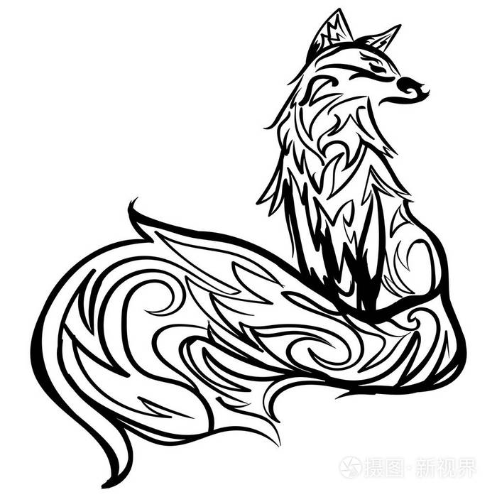 程式化的狐狸艺术线条.黑色和白色的纹身