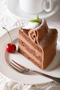 巧克力蛋糕装饰薄荷和糖粉特写