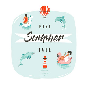 手工绘制的矢量抽象的夏季时间有趣的插图与游泳水与跳跃海豚和现代印刷术阶段最幸福的人过夏天