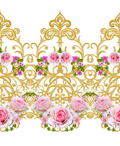 加兰朵粉红色的玫瑰花。无缝模式。纹理的金色卷发。东方风格蔓藤花纹。辉煌的花边。镂空编织精致