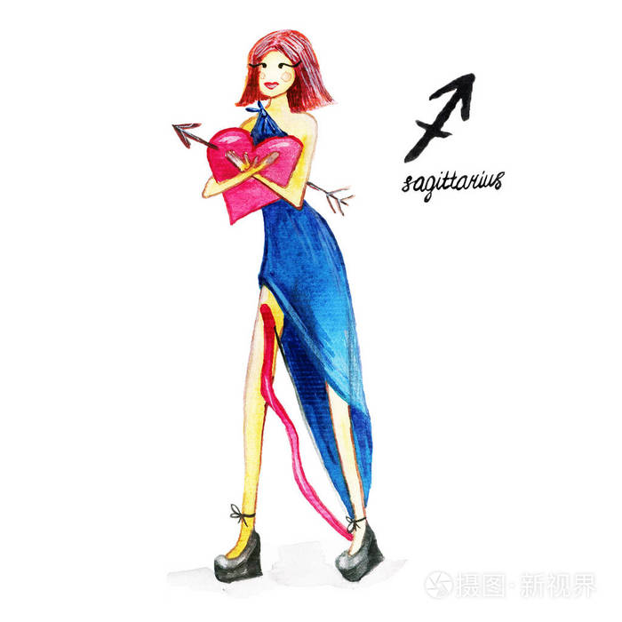 黄道十二宫的人马座,在白色背景上的水彩插图