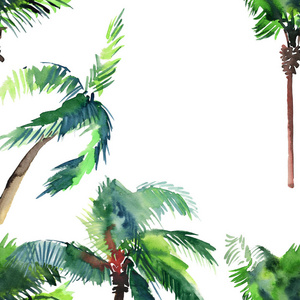 美丽明亮可爱绿色热带可爱奇妙夏威夷花卉草药夏天的图案的棕榈树水彩手素描。完美的问候卡，纺织，壁纸，包装纸