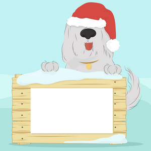 狗在圣诞老人帽子拿着木质的表面与一片空白，为您的文字