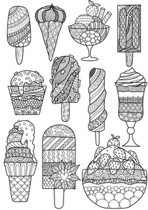 Zendoodle 设计的设计元素 成人或孩子着色书页吃冰激淋的大集。矢量图