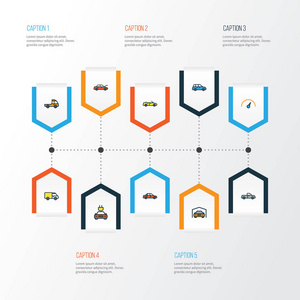 汽车多彩大纲图标设置。皮卡 电动 速度和其他元素的集合。此外包括皮卡 计数器 特斯拉的符号