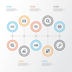 多媒体大纲图标设置。空蓄能器 放大镜 减少和其他元素的集合。此外包括符号，如卡拉 Ok 电池，空