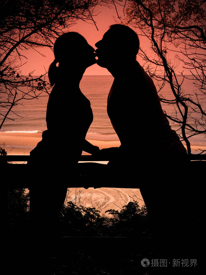 接吻对落日的天空对年轻夫妇的剪影