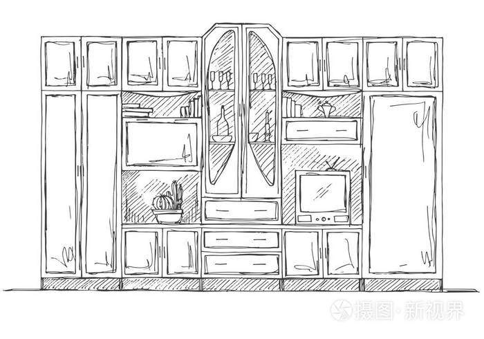 线性素描的内政.书架,书架和电视的梳妆台.矢量图