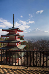 红塔与富士火山山和蓝天