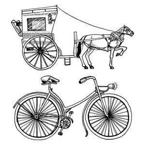 马车或教练和自行车 自行车或脚踏车。旅行的插图。刻的手绘在旧的素描样式，老式的运输