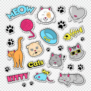 滑稽的猫涂鸦用贴纸和徽章。家养宠物设置。矢量图