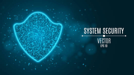 一个发光的蓝色盾牌编程符号.系统的安全性.高科技霓虹灯盾.