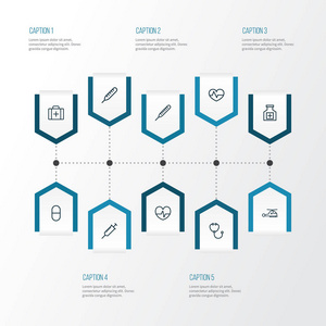 抗生素的大纲图标设置。丸 案例 注射和其他元素的集合。此外包括注射器 胸部 温度计等符号