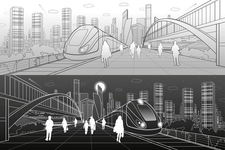 运输基础设施全景，人们等待火车铁路车站 机车移动 人行天桥，现代城市背景 商业建筑 城市天际线，矢量设计艺术