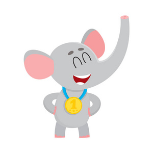 可爱,骄傲的大象字符,冠军戴金色冠军奖牌卡通熊字符设置填色书带有