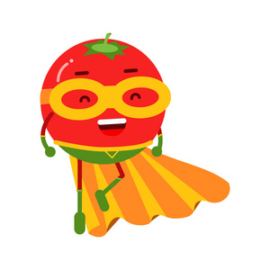 可爱的卡通微笑面具和黄色斗篷,多彩的番茄超级英雄人性化蔬菜特征