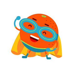 可爱的卡通微笑面具和黄色斗篷,多彩的橙色超级英雄人性化水果特征